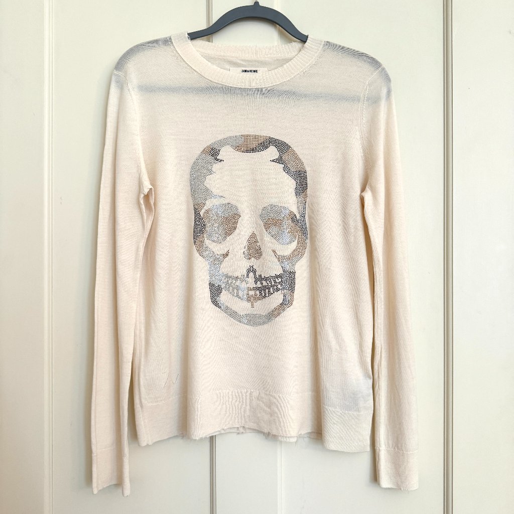 Zadig Voltaire Miss Camo Skull Ivory Merino Wool Sweater Size Large Nwot
